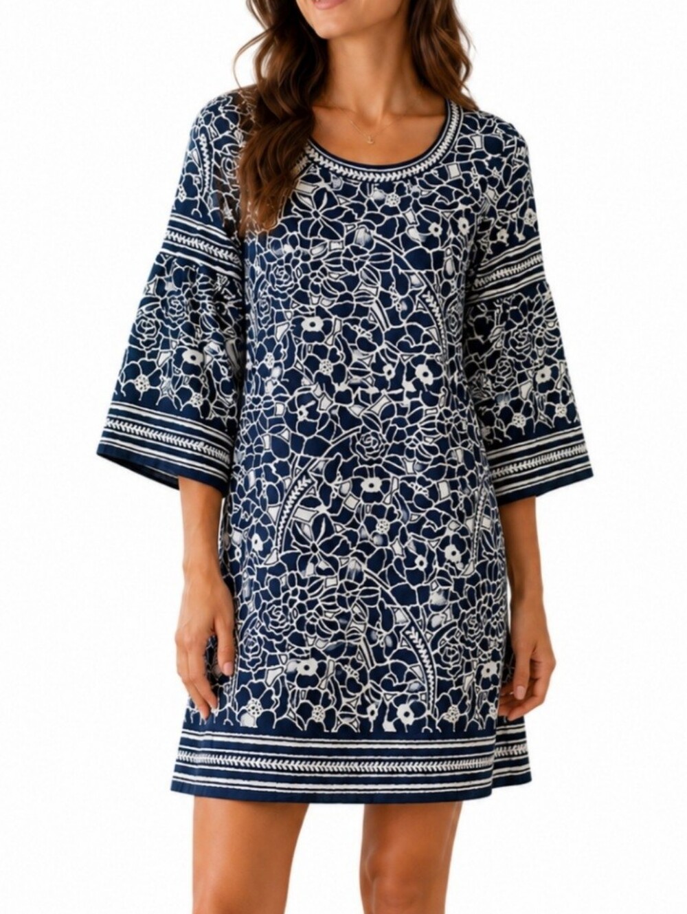 Black Tan Floral Shift Dress Bell Sleeve Border Print Boho Women Medium